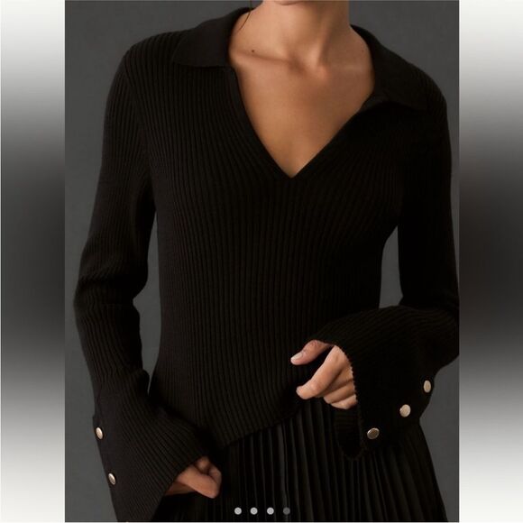 Maeve by Anthropologie Black Bell Sleeve Polo Sweater Size S - Picture 1 of 11